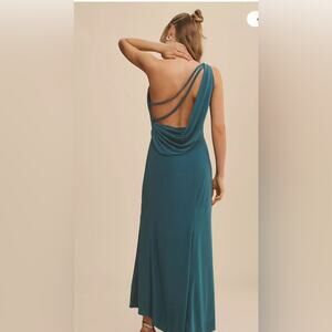 Mac Duggal Draped Turquoise Jersey One Shoulder Side-Slit Column Dress NWT SM